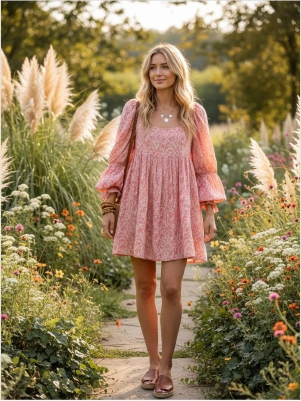 Pilcro Dress Mini Cotton Long Sleeve Square Neck Floral Flare Smocked Pink Small